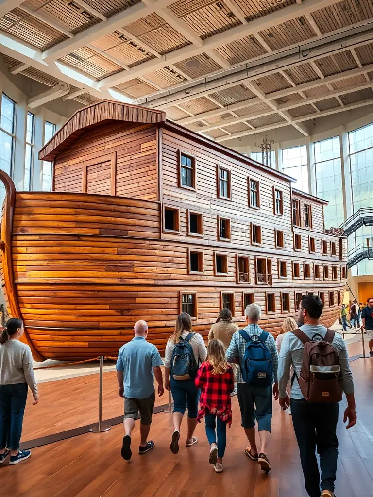 A photograph of visitors interacting with a life-size reconstruction of Noah's Ark inside the L'ALPHA & OMEGA museum, showcasing the scale and detail of the exhibit.