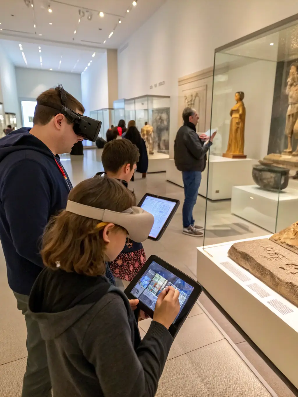 A photograph of visitors using interactive touchscreens to explore the geography of the ancient Near East at L'ALPHA & OMEGA museum.