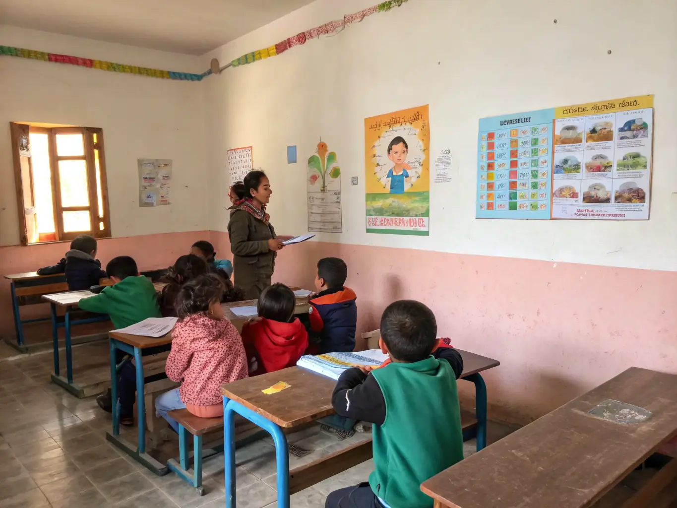 A classroom setting with children participating in an educational session about ancient civilizations, using interactive maps and models.