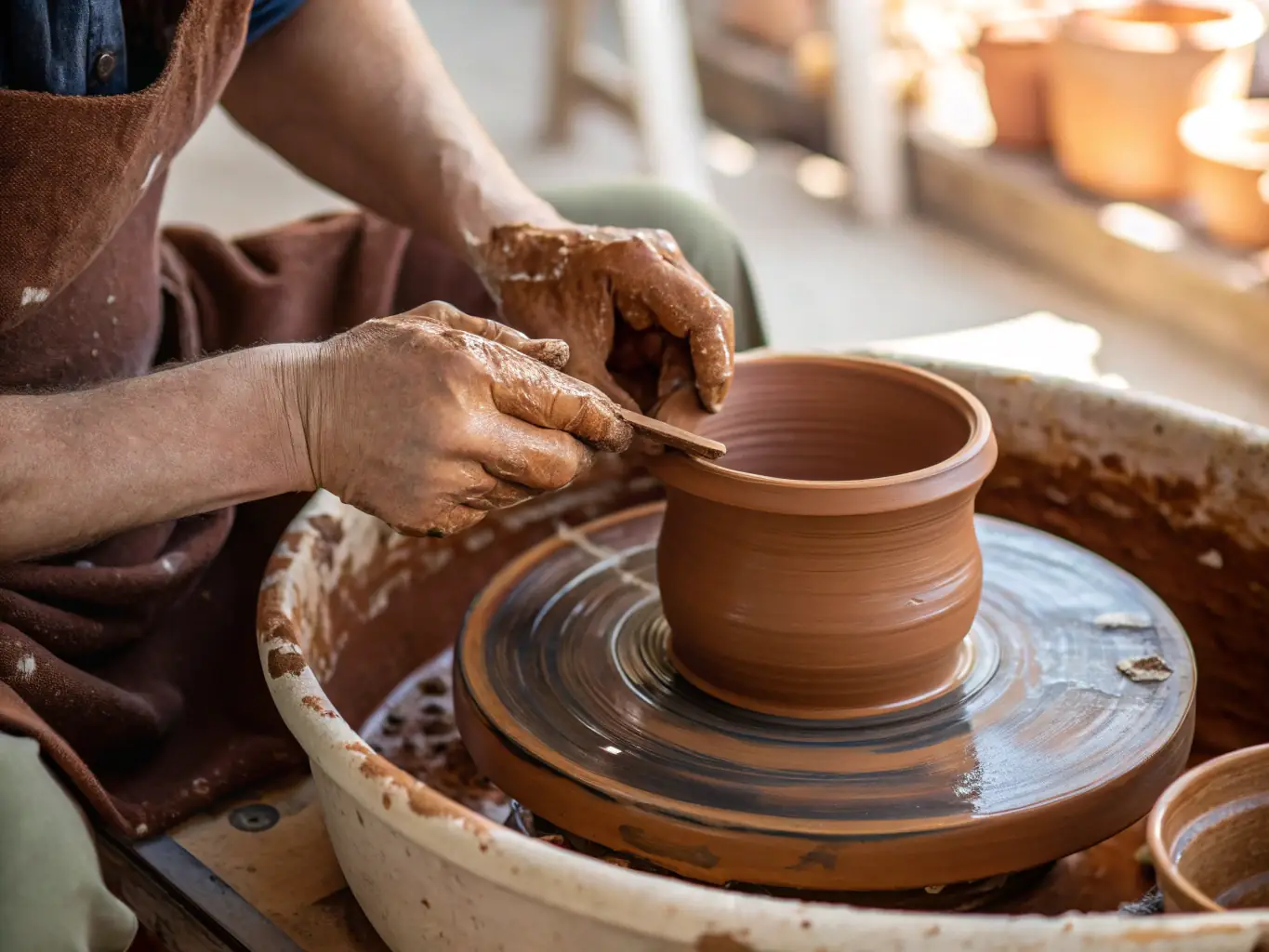 A photograph of participants actively engaged in a pottery workshop, learning about ancient techniques and creating their own artifacts.