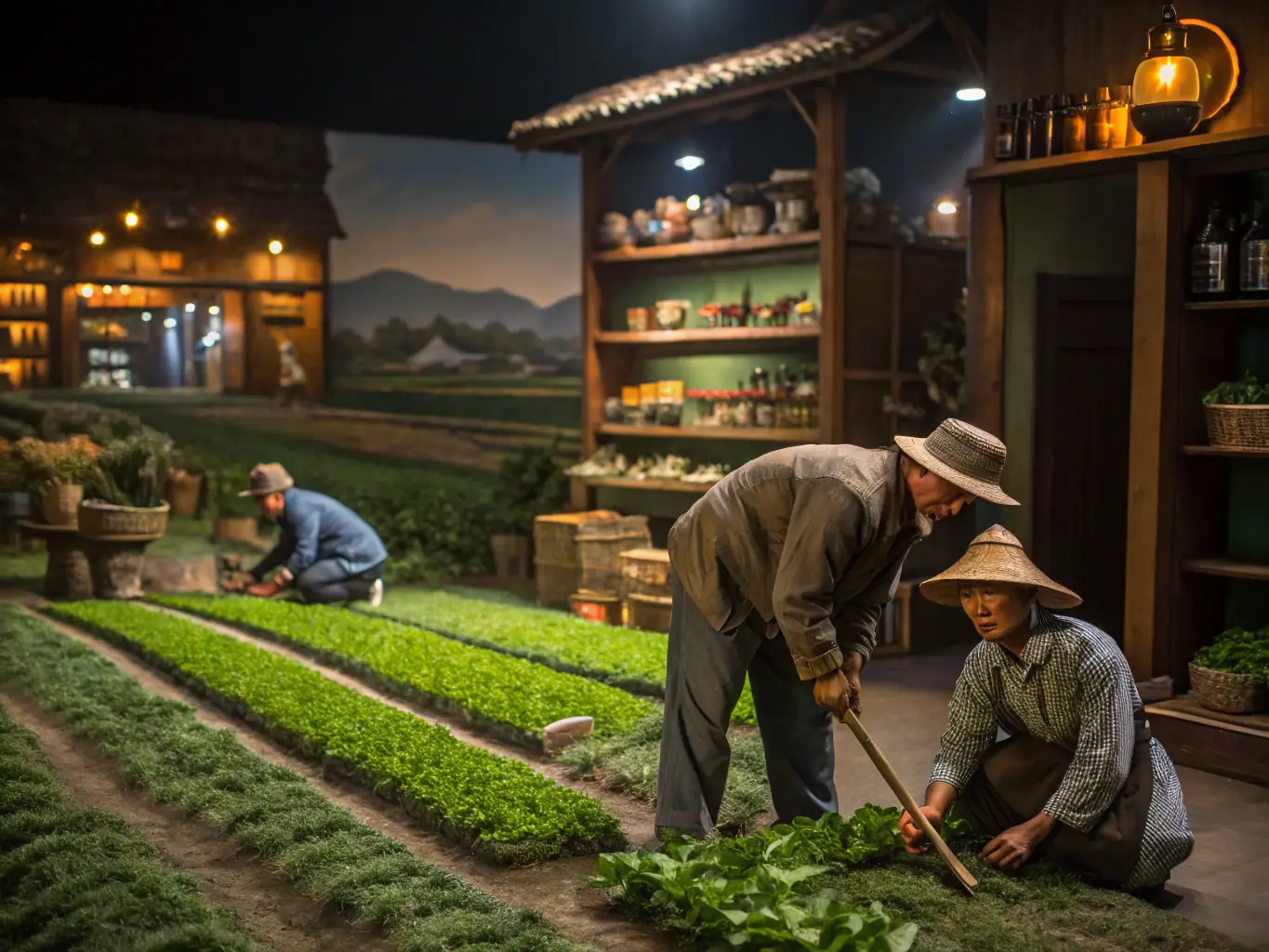A close-up shot of the 'Life in Galilee' exhibit, featuring a realistic reconstruction of a Galilean village during the time of Jesus, with actors demonstrating daily life activities and interactive stations explaining traditional crafts and customs.