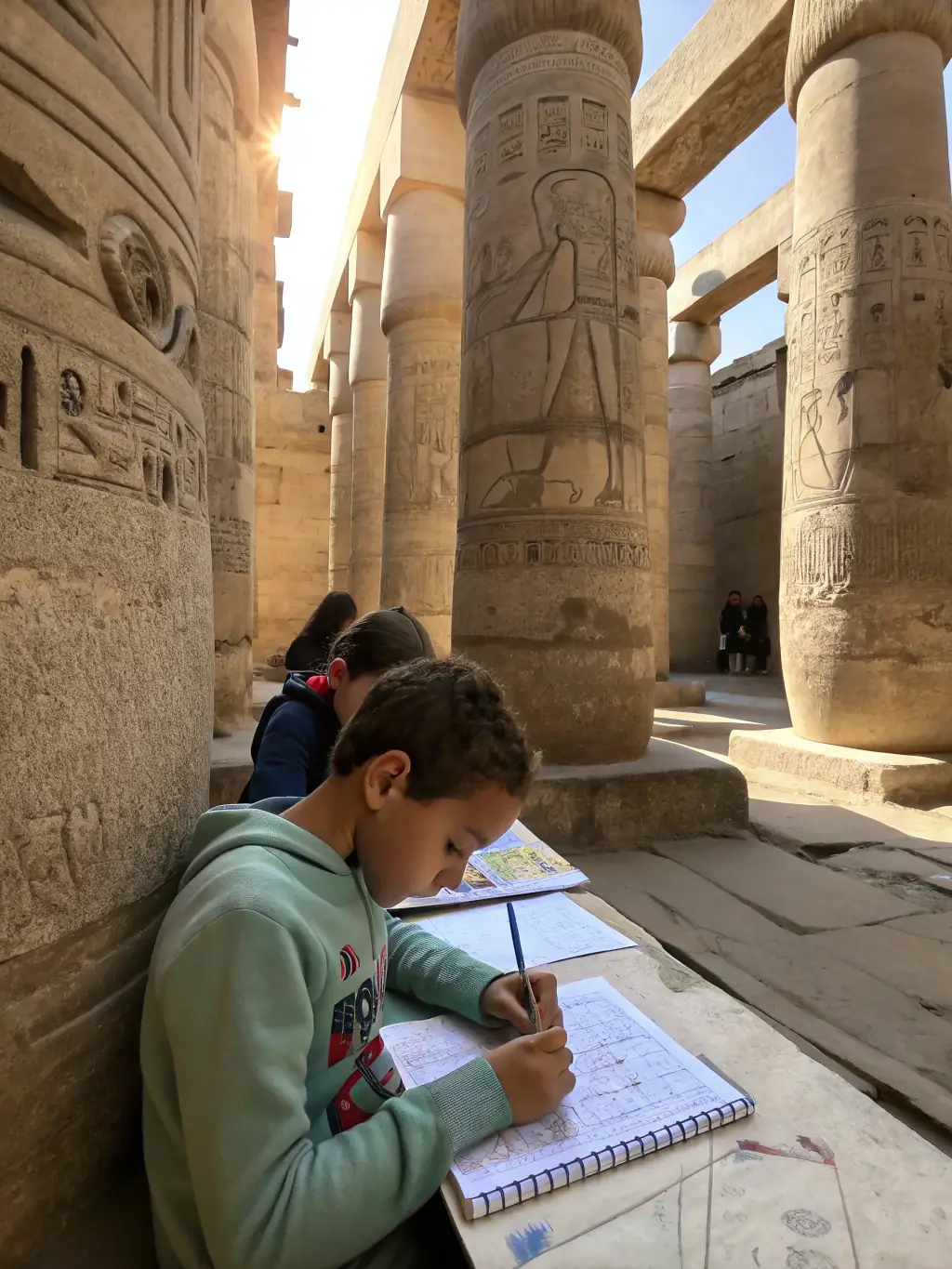 A photograph capturing children participating in an interactive learning station about ancient writing and languages at L'ALPHA & OMEGA museum.
